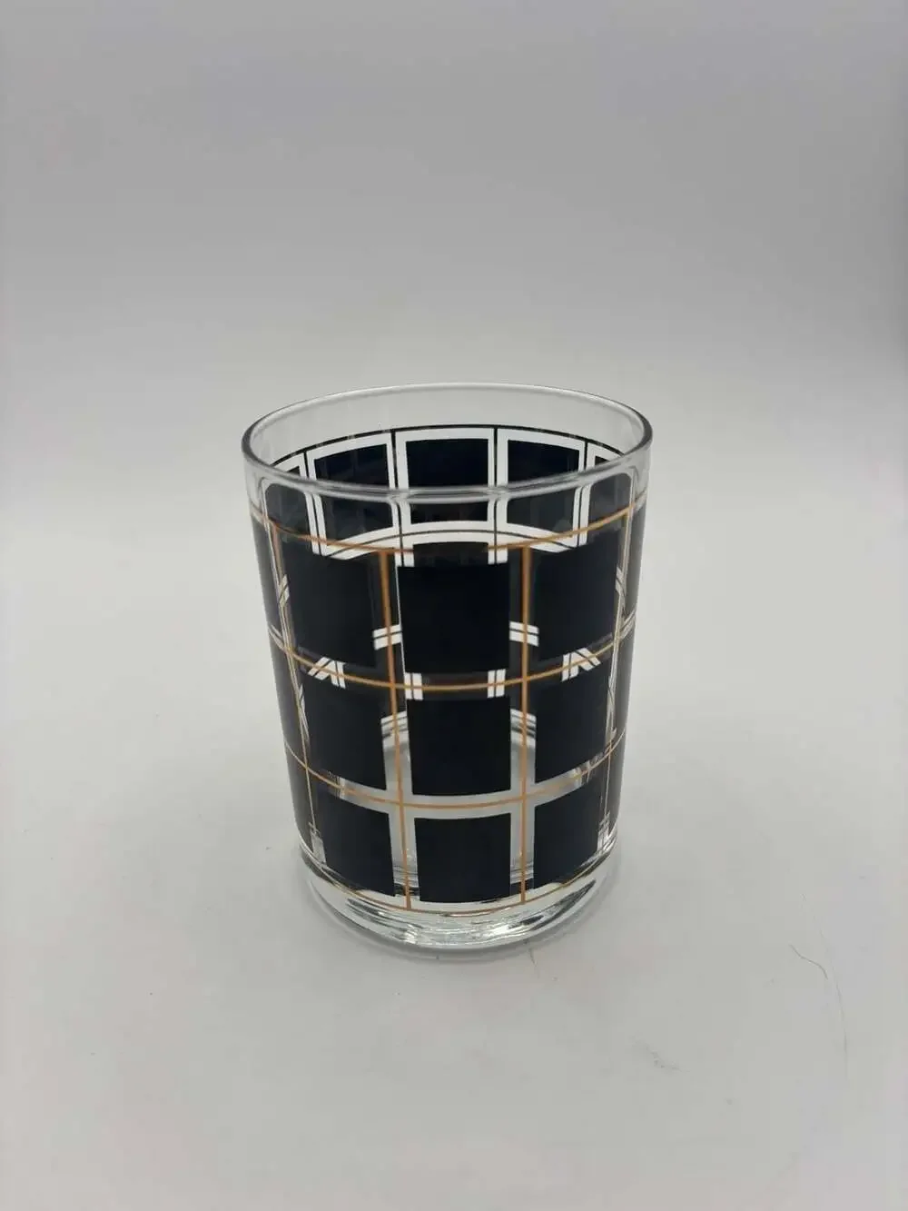 Vintage Culver Devon Black and Gold Grid Double Old Fashioned Glass Mid Century